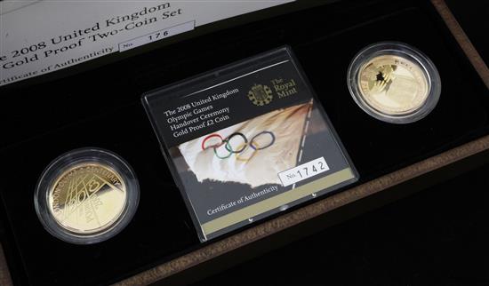 A cased Royal Mint 2008 UK Olympic Games Handover Ceremony Gold Proof £2 two coin set,